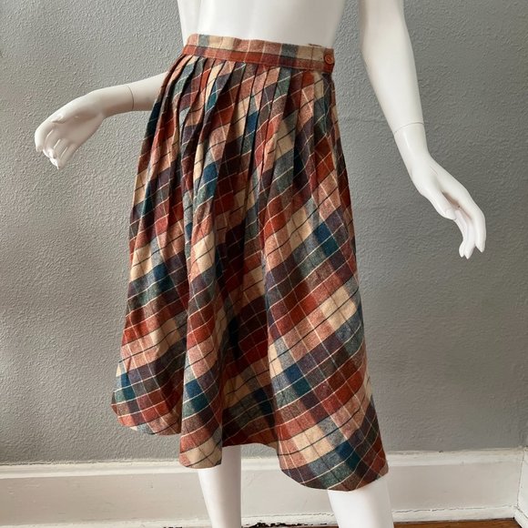 Vintage 70s High Waist Plaid Wool Pleated A-line Midi Skirt XS/S - Picture 3 of 10